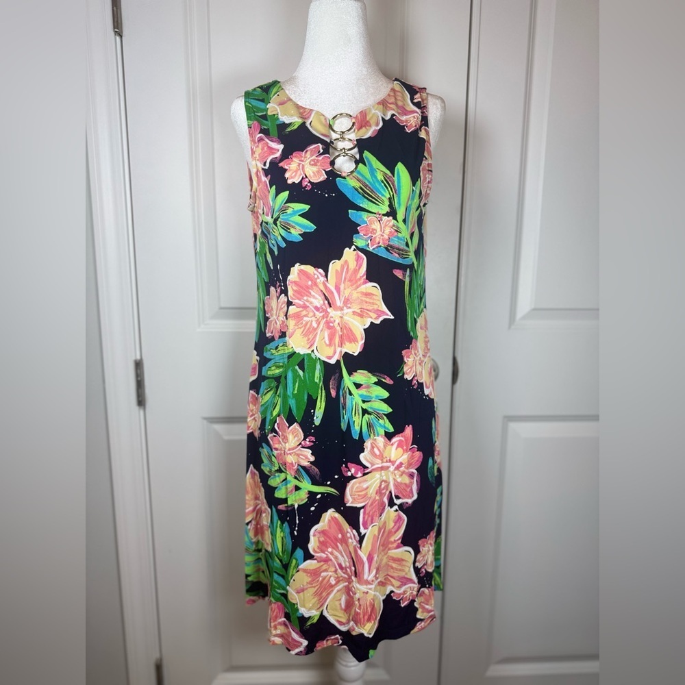 MSK Petite Tropical Floral A-Line Dress PM Sleeveless Resort Summer